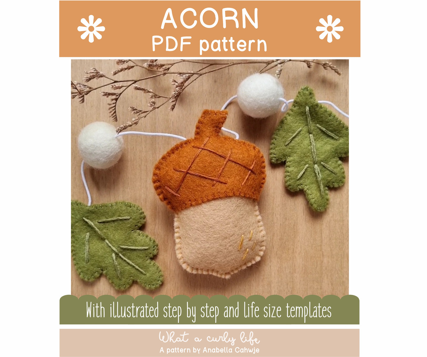 Acorn ornament and garland Illustrated Tutorial and PDF Pattern + Commercial License