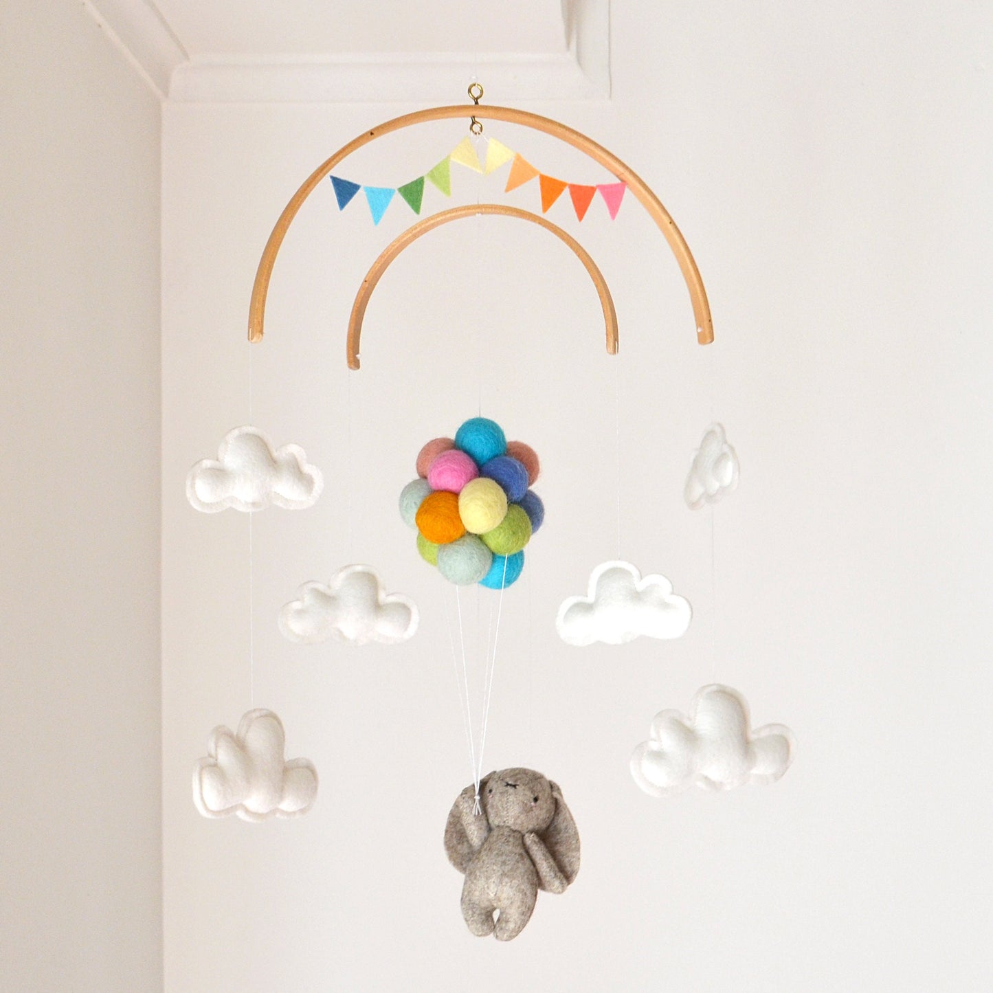 Bunny Flying with Pastel Rainbow Balloons