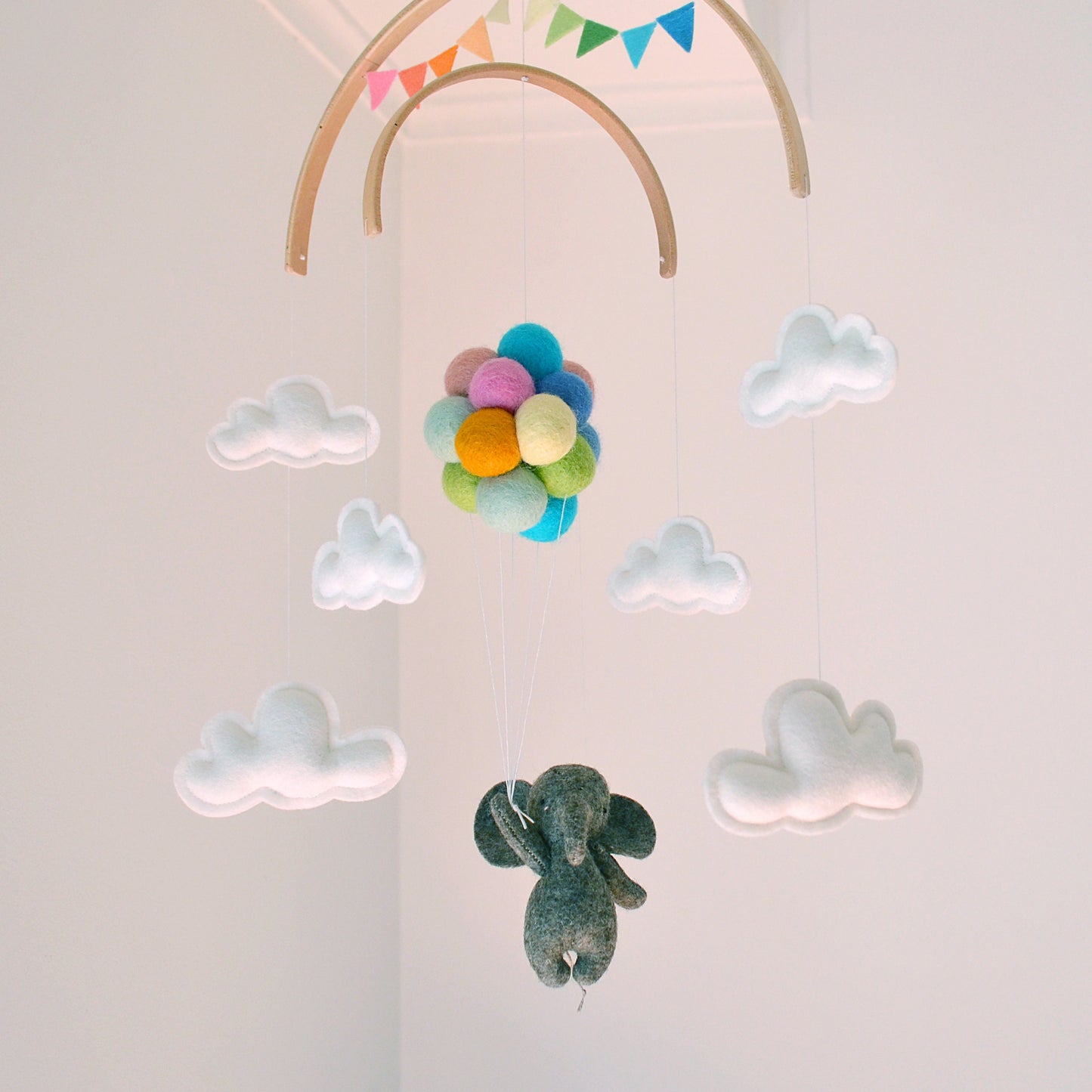 Elephant Flying with Pastel Rainbow Balloons