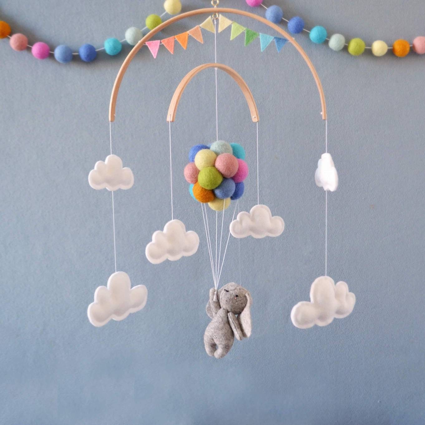 Bunny Flying with Pastel Rainbow Balloons
