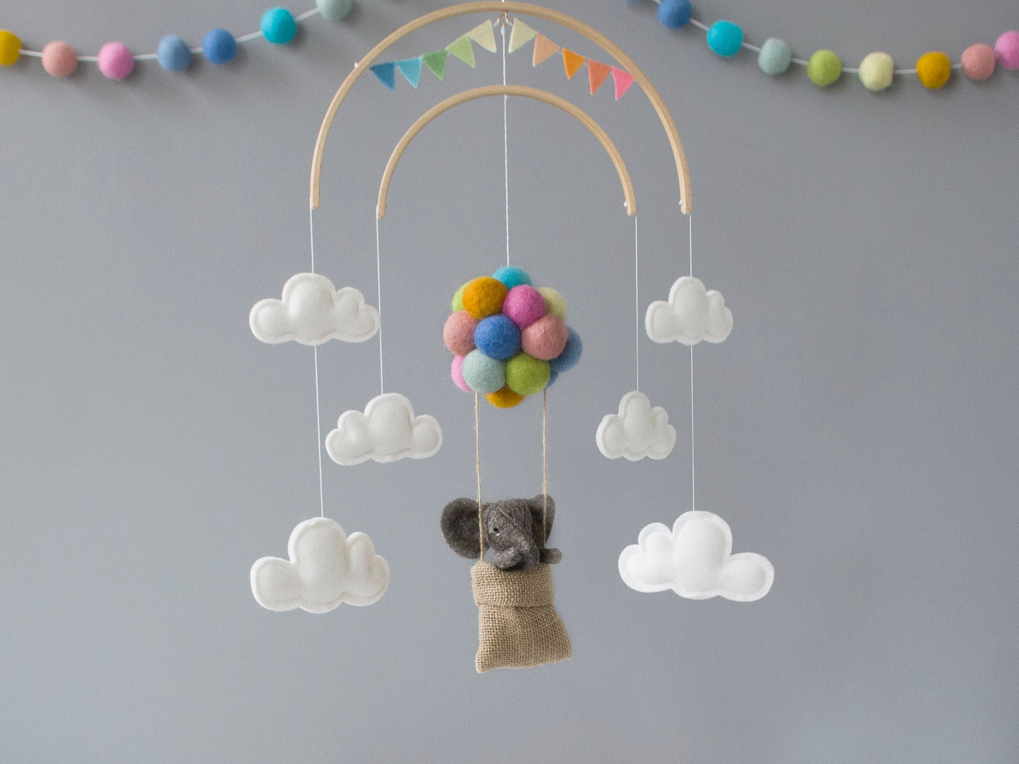Baby Elephant in hot air balloon, Pastel Rainbow colours
