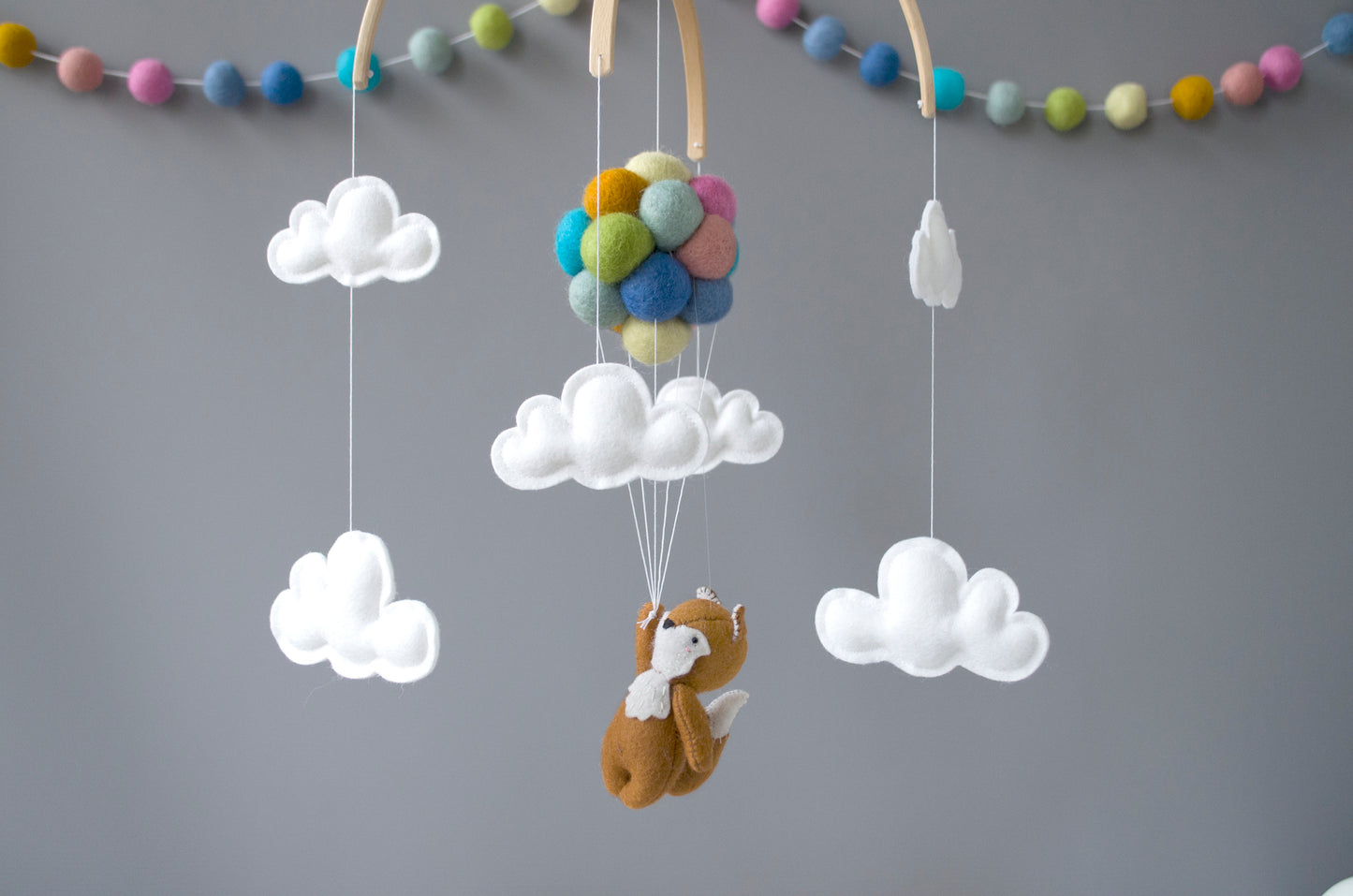 Fox flying with Pastel Rainbow Balloons